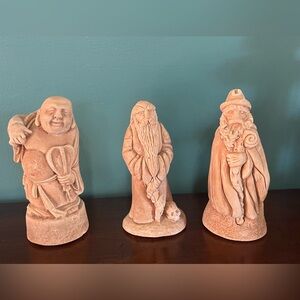Vintage Clay Pottery Figurines Wizards Buddha Man Monk Lot Of 3